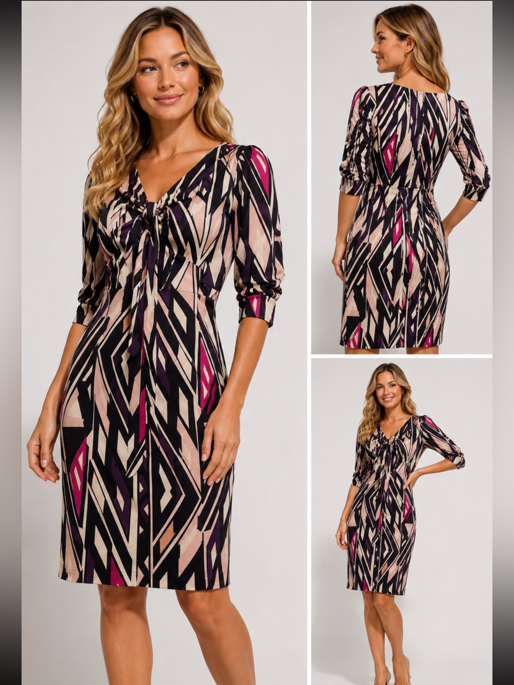 Diane Von Furstenberg 100% Silk Geometric Print Tie Neck Sheath Dress Size 10